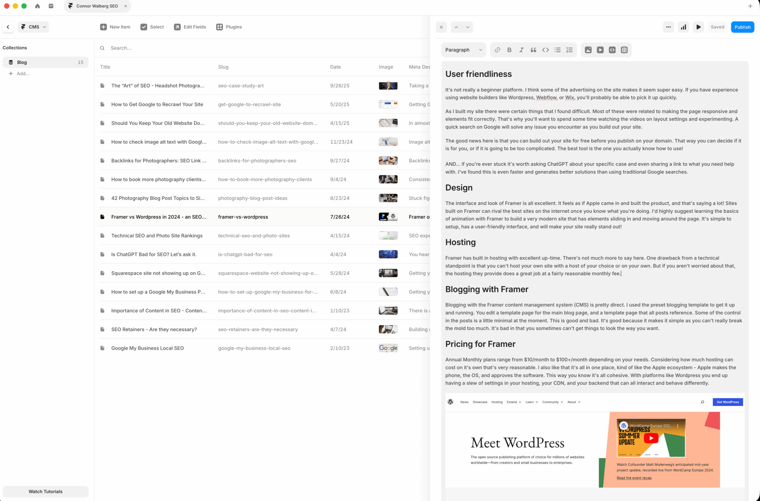 Framer CMS blogging screenshot