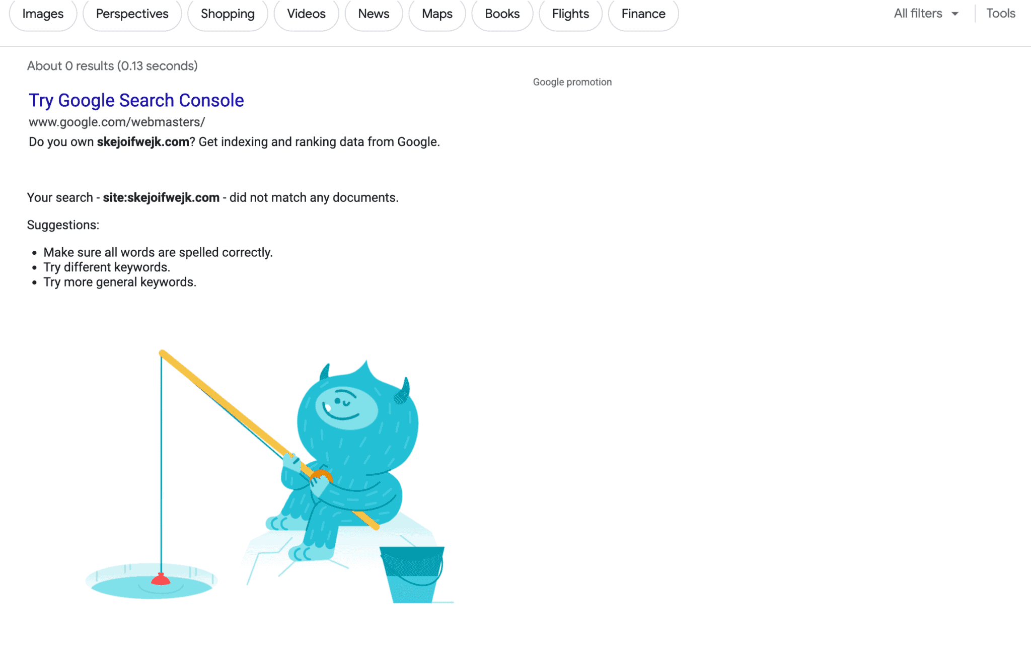 Screenshot of empty google search results showing that a site doesn't exist