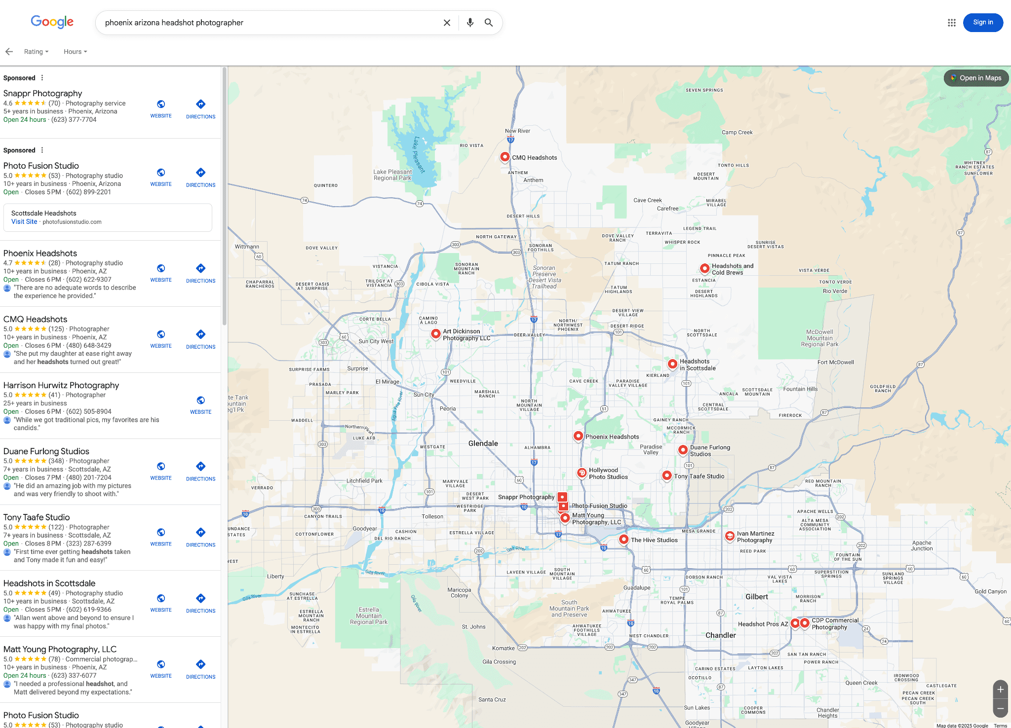 Google maps result screenshot for search phoenix arizona headshot photographer