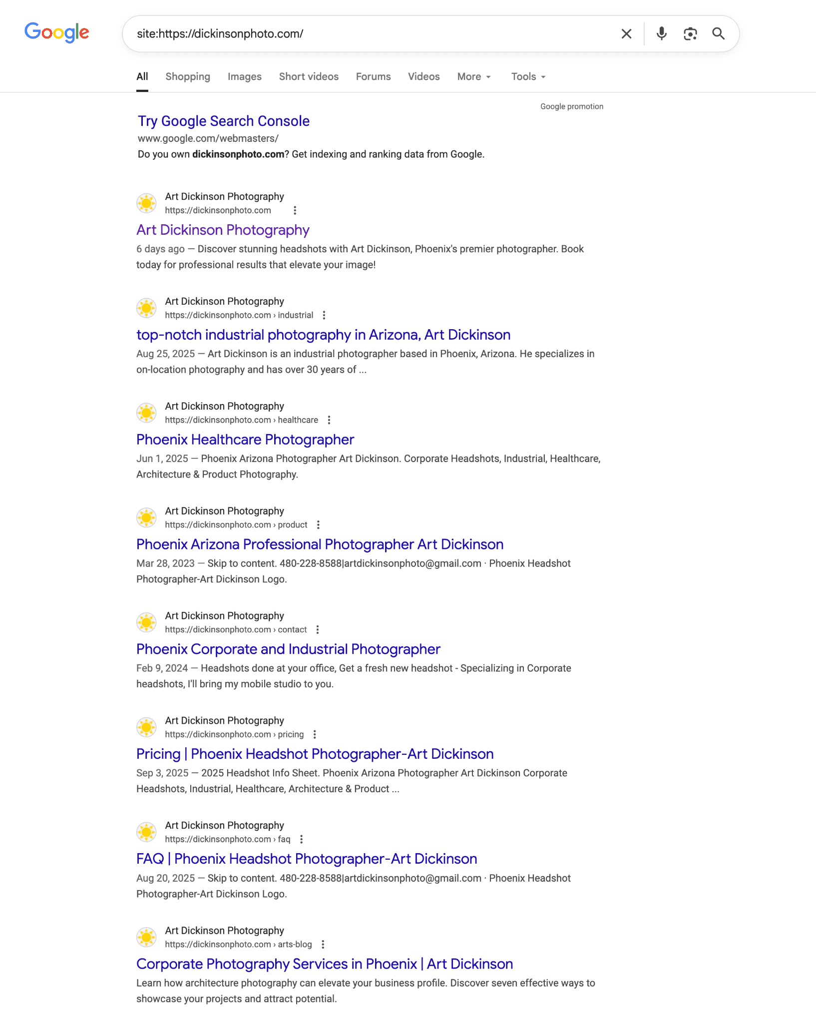 screenshot showing site:dickinsonphoto.com results