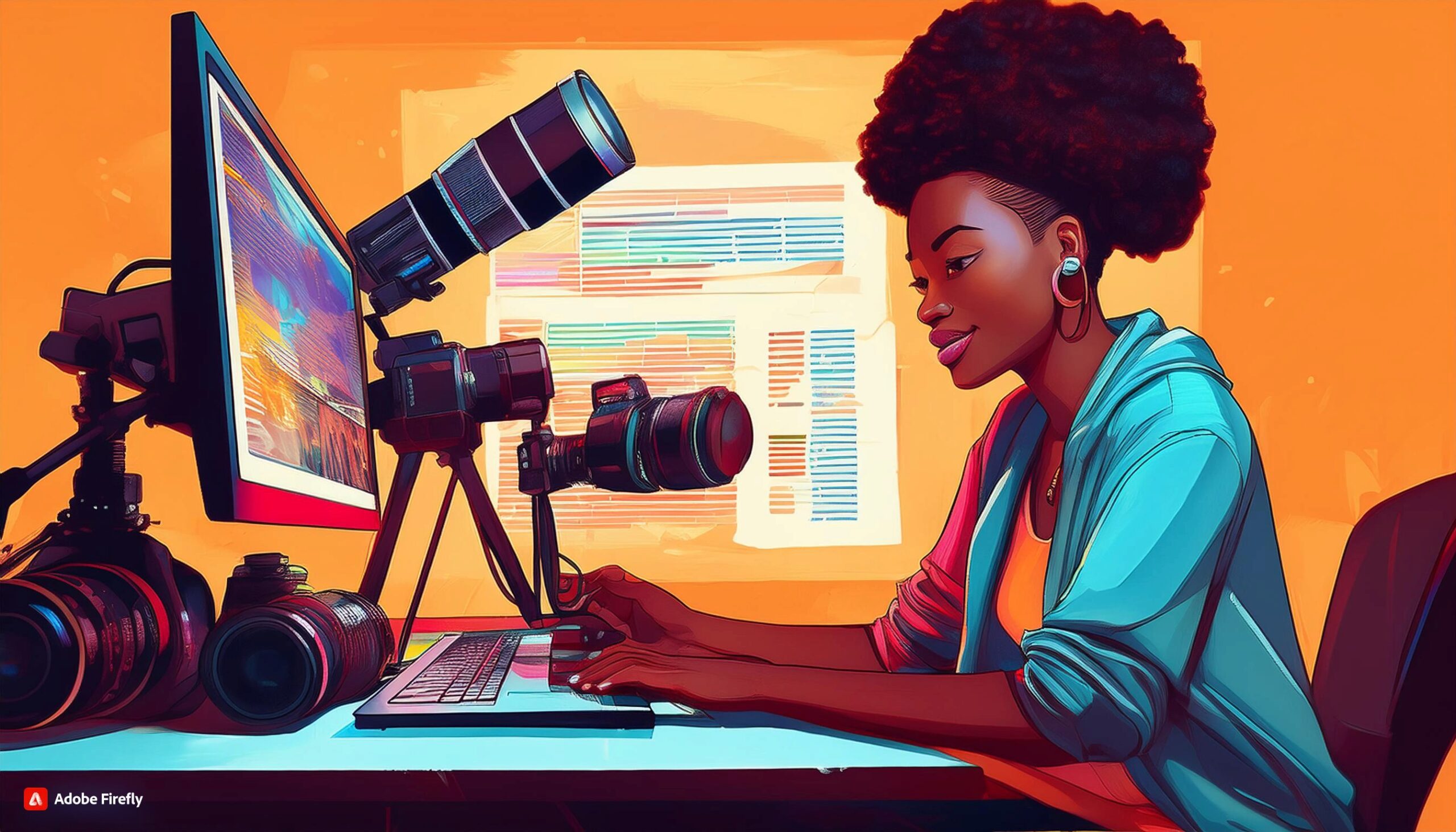 Illustration by Adobe Firefly of women working at desk with camera gear all around and orange background