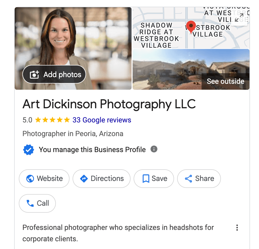 Art dickinson photography LLC screenshot of google my business listing