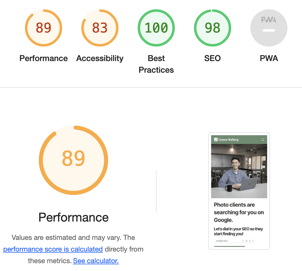 lighthouse score for Connor Walberg SEO website on Framer platform