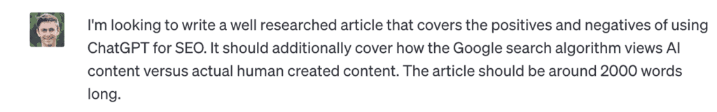 Prompt asking ChatGPT to write an article about whether it's bad for SEO or not.
